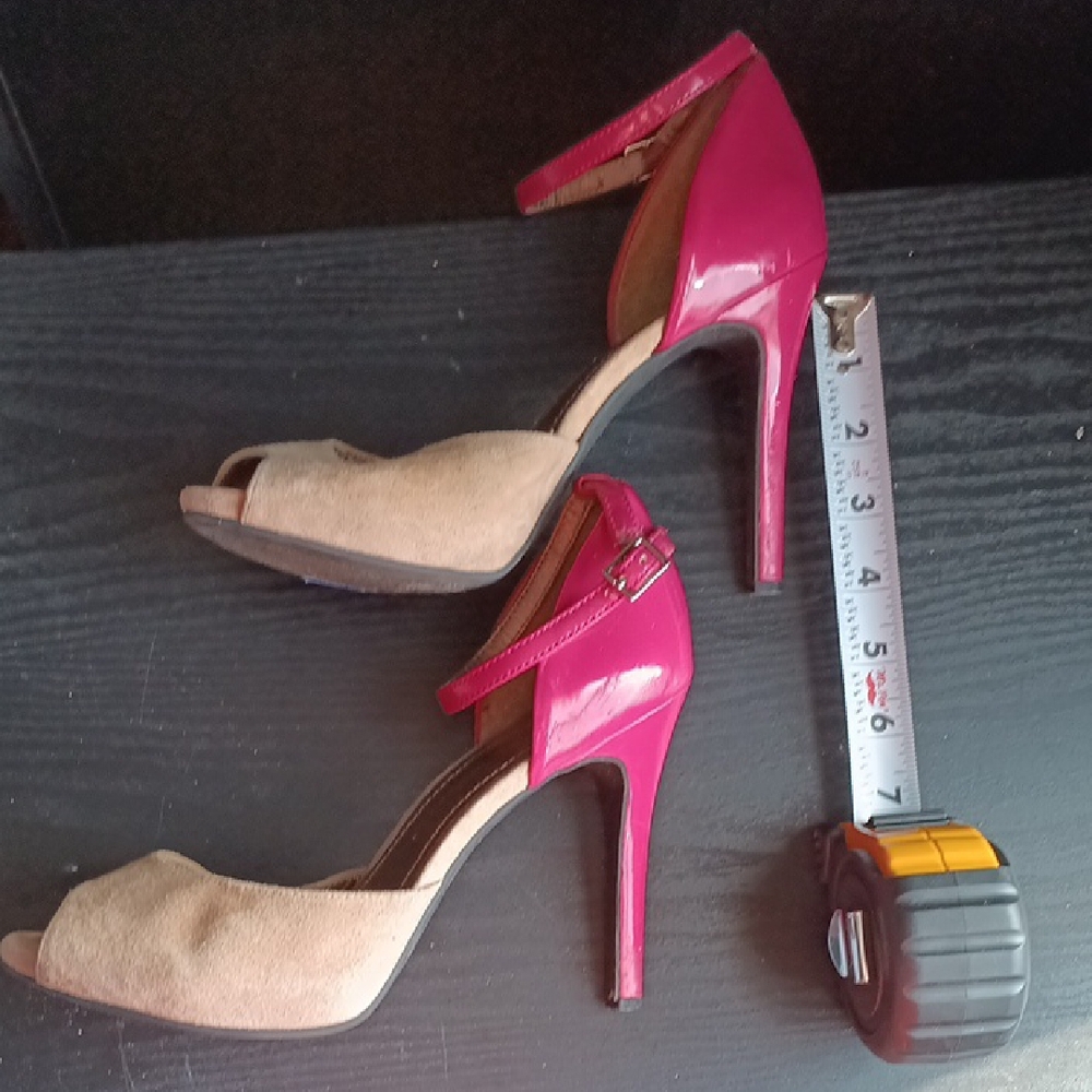 BCBG Colorblock Heels Nude Suede + Pink Patent Heel Peep Toe Size 8 - Picture 4 of 4